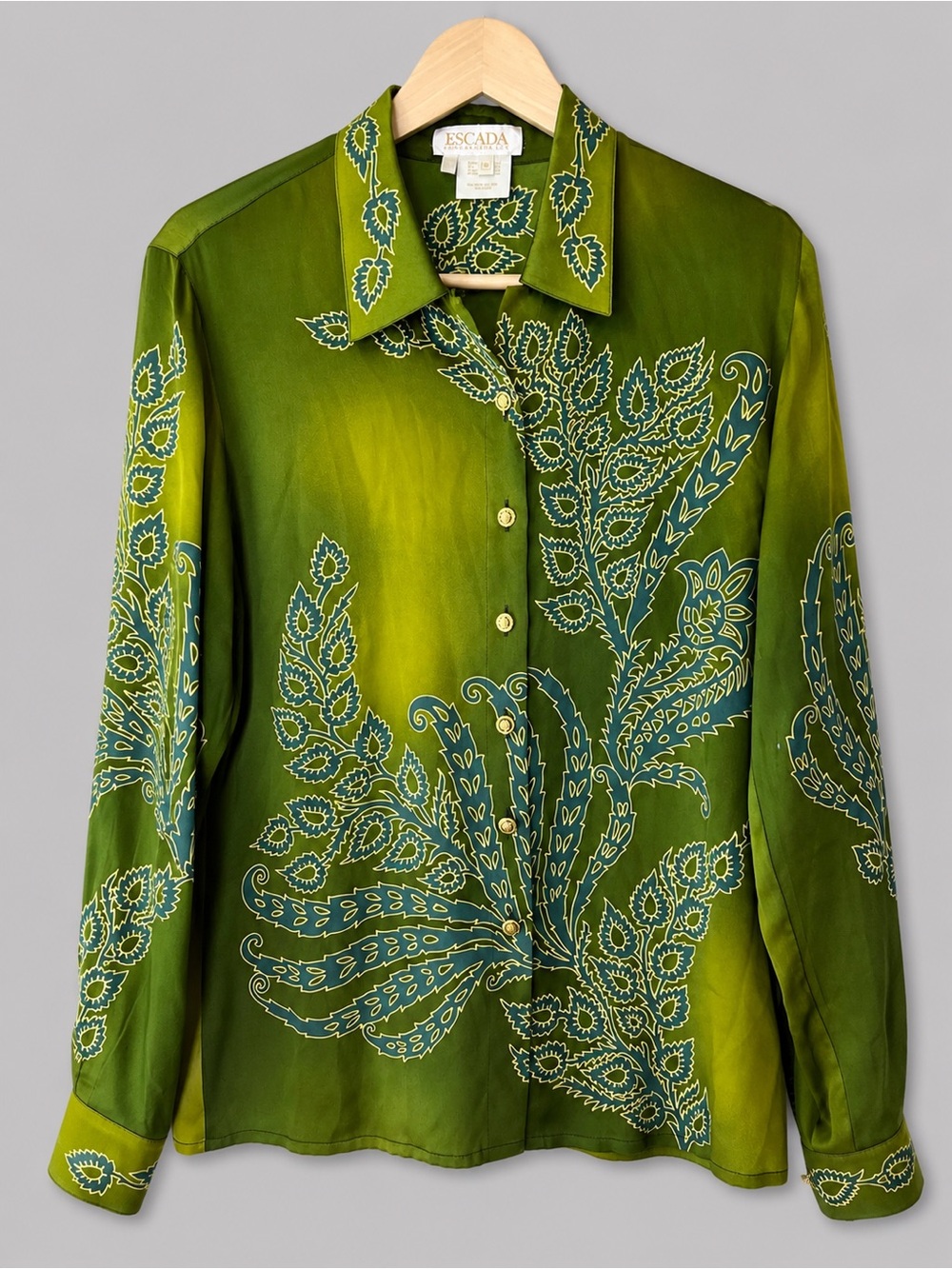 Escada Margaretha Ley Silk Botanical Print Button Front Blouse Green Luxury Top